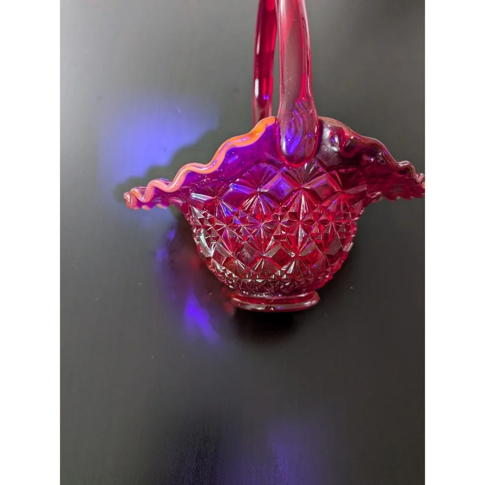 Vintage FENTON AMBERINA‎ RED RUFFLED DIAMOND BASKET